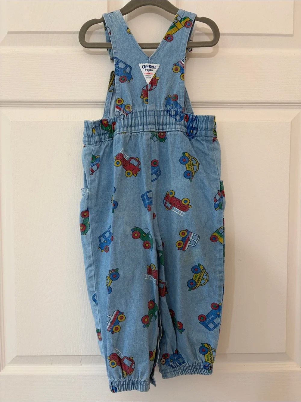 Vintage OshKosh B'gosh Light Blue Denim Overalls with Car Print